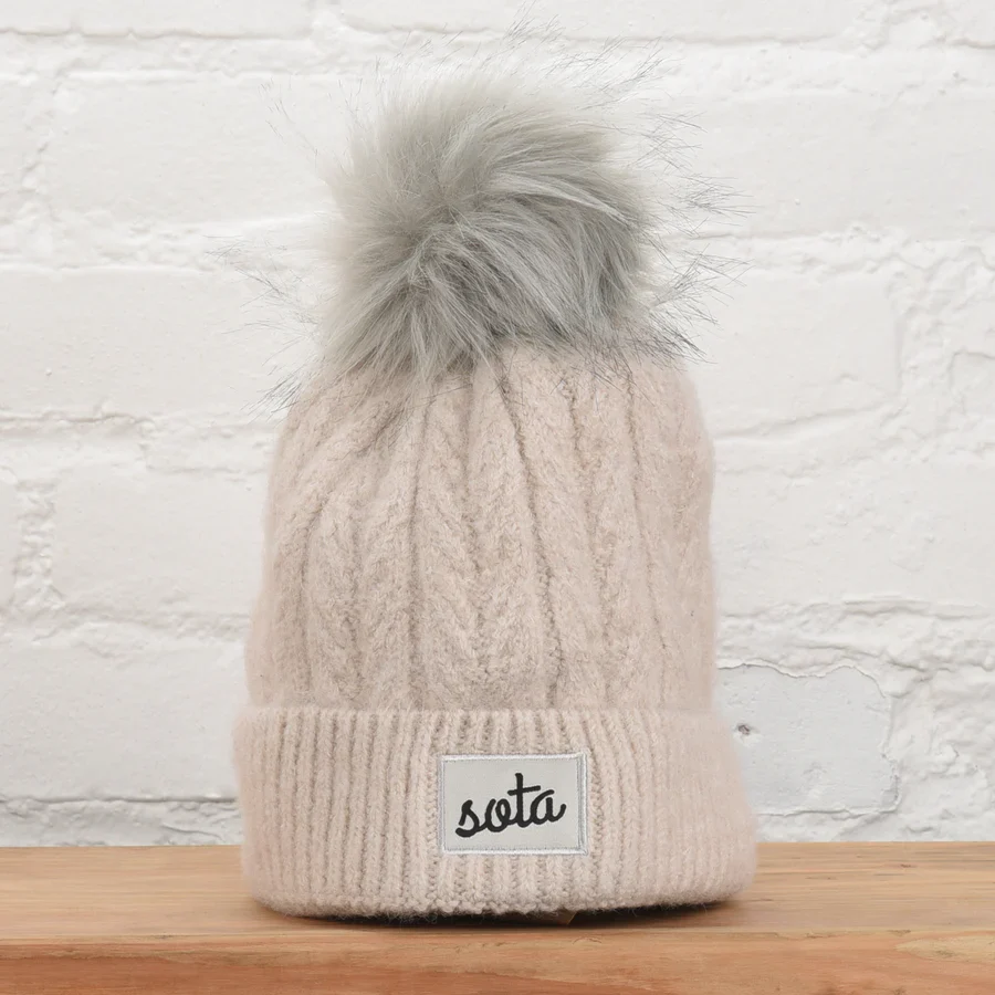 Ivory Pearl Pom Beanie - Beige